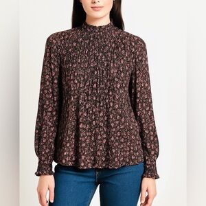 CAbi Knife Pleat Blouse Black Pink Ditsy Floral Small